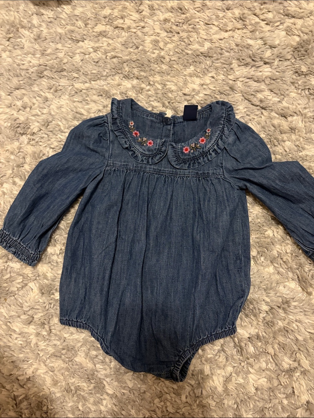 GAP Denim-Style Baby Romper with Pink Floral Embroidery
